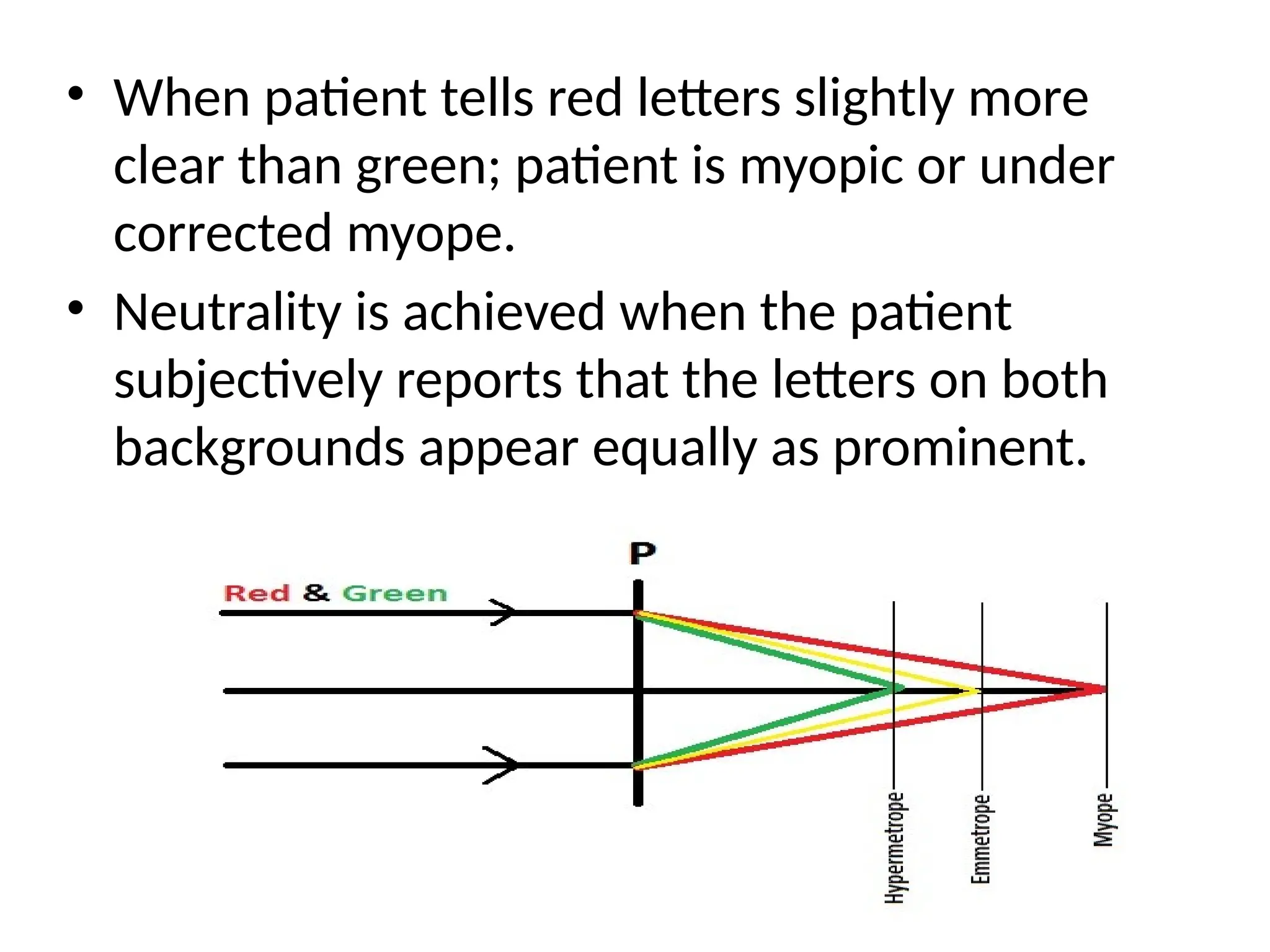 • When patient tells red letters slightly more
clear than green; patient is myopic or under
corrected myope.
• Neutrality is achieved when the patient
subjectively reports that the letters on both
backgrounds appear equally as prominent.
 