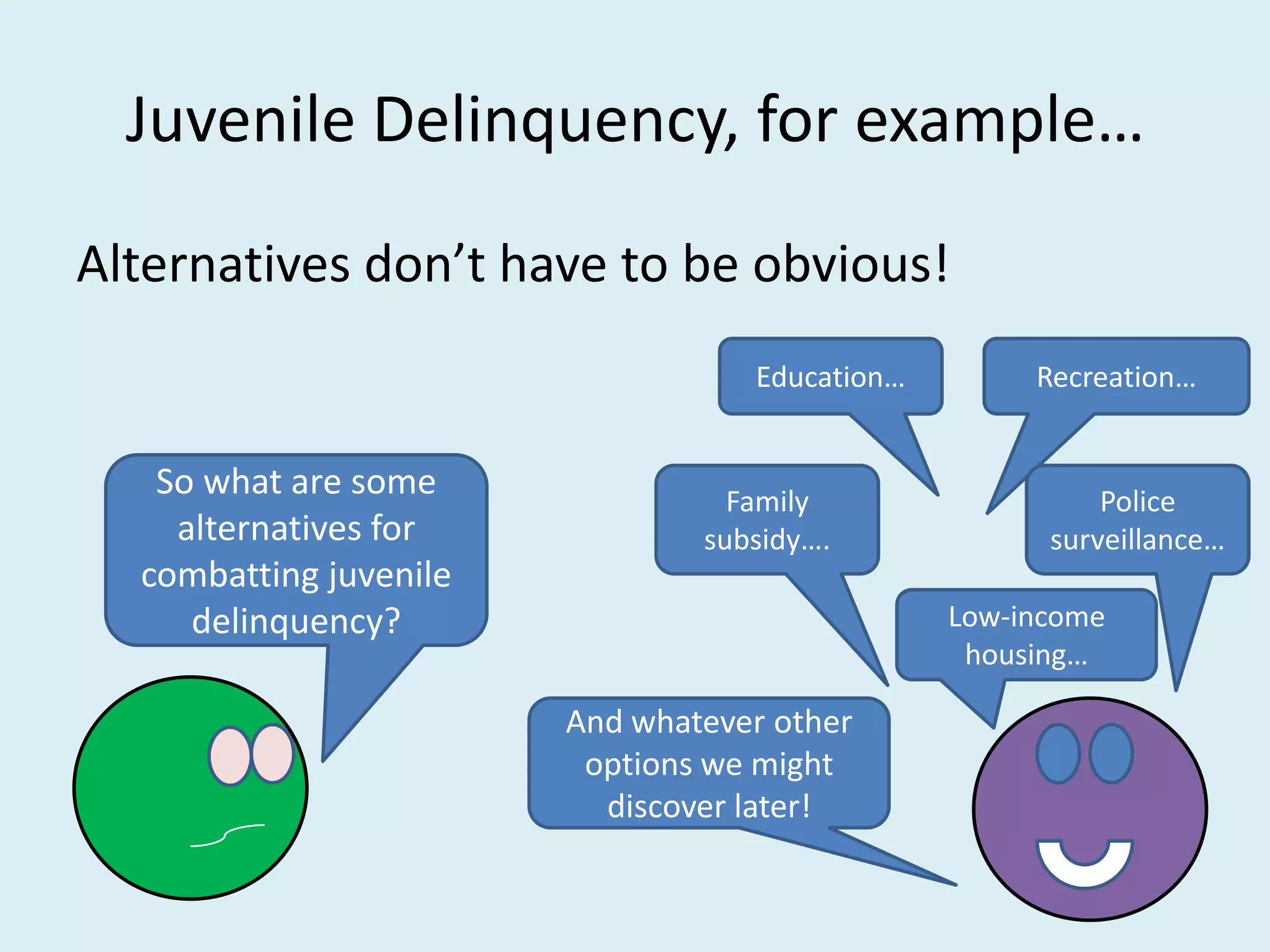 Juvenile Delinquency, for example…
Alternatives don’t have to be obvious!
                                   Education…        Recreation…


   So what are some               Family                  Police
    alternatives for            subsidy….             surveillance…
  combatting juvenile
     delinquency?                               Low-income
                                                 housing…

                        And whatever other
                         options we might
                          discover later!
 