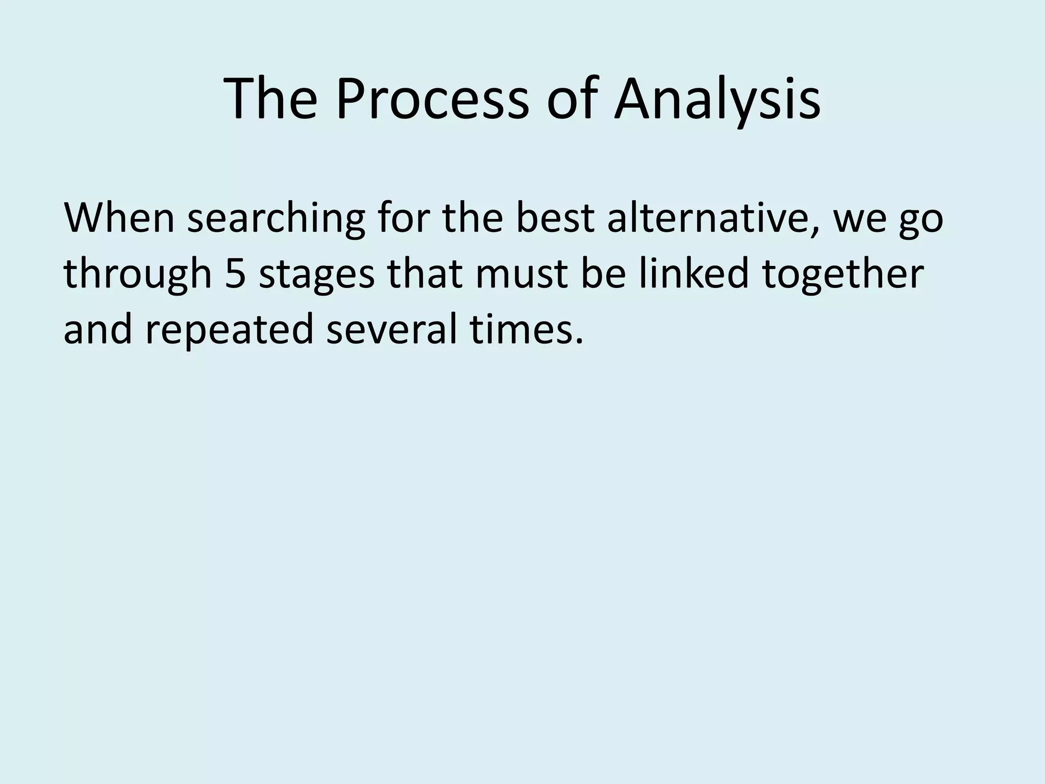 The Process of Analysis
When searching for the best alternative, we go
through 5 stages that must be linked together
and repeated several times.
 