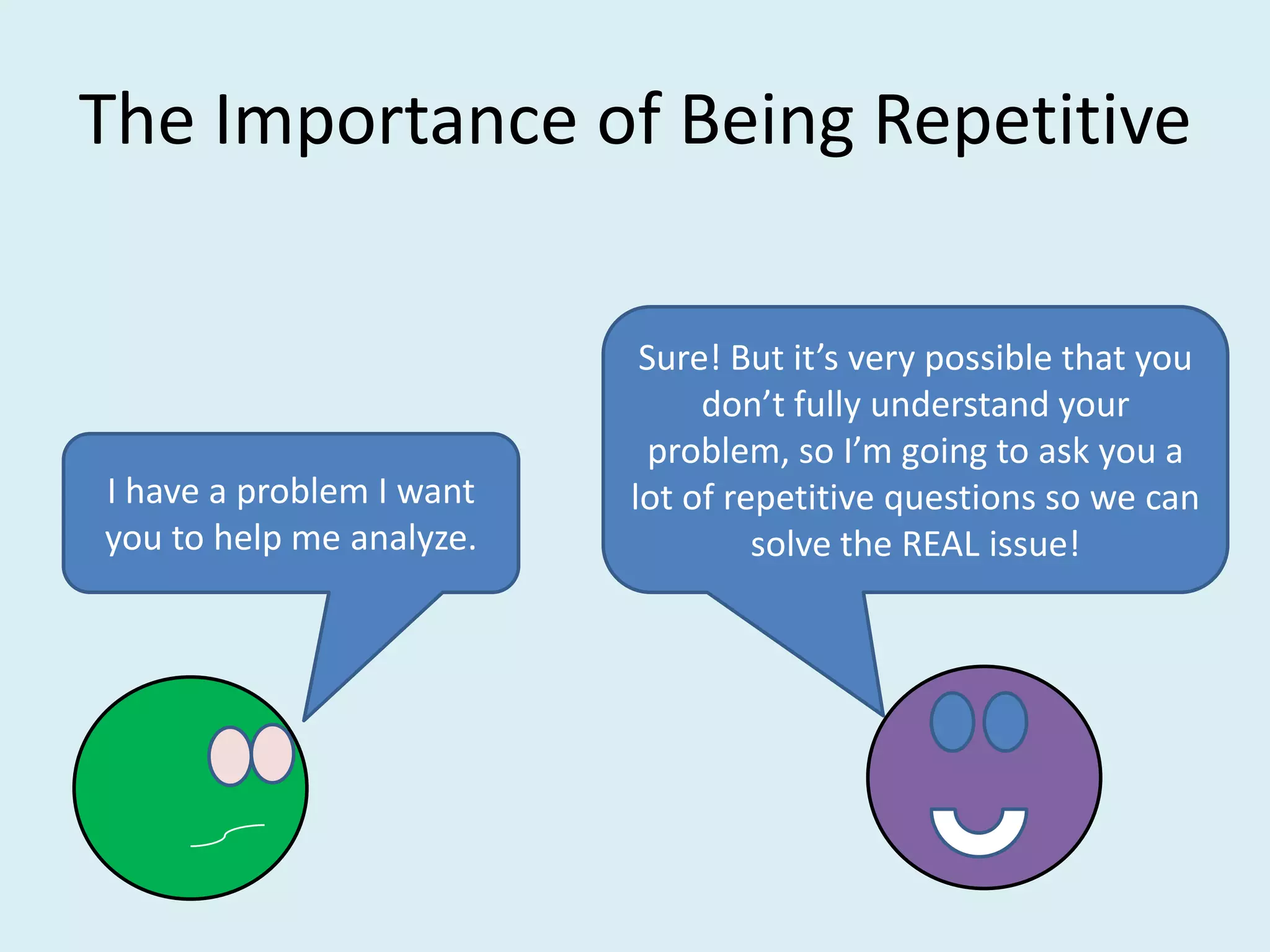 The Importance of Being Repetitive

                           Sure! But it’s very possible that you
                               don’t fully understand your
                            problem, so I’m going to ask you a
I have a problem I want   lot of repetitive questions so we can
you to help me analyze.            solve the REAL issue!
 