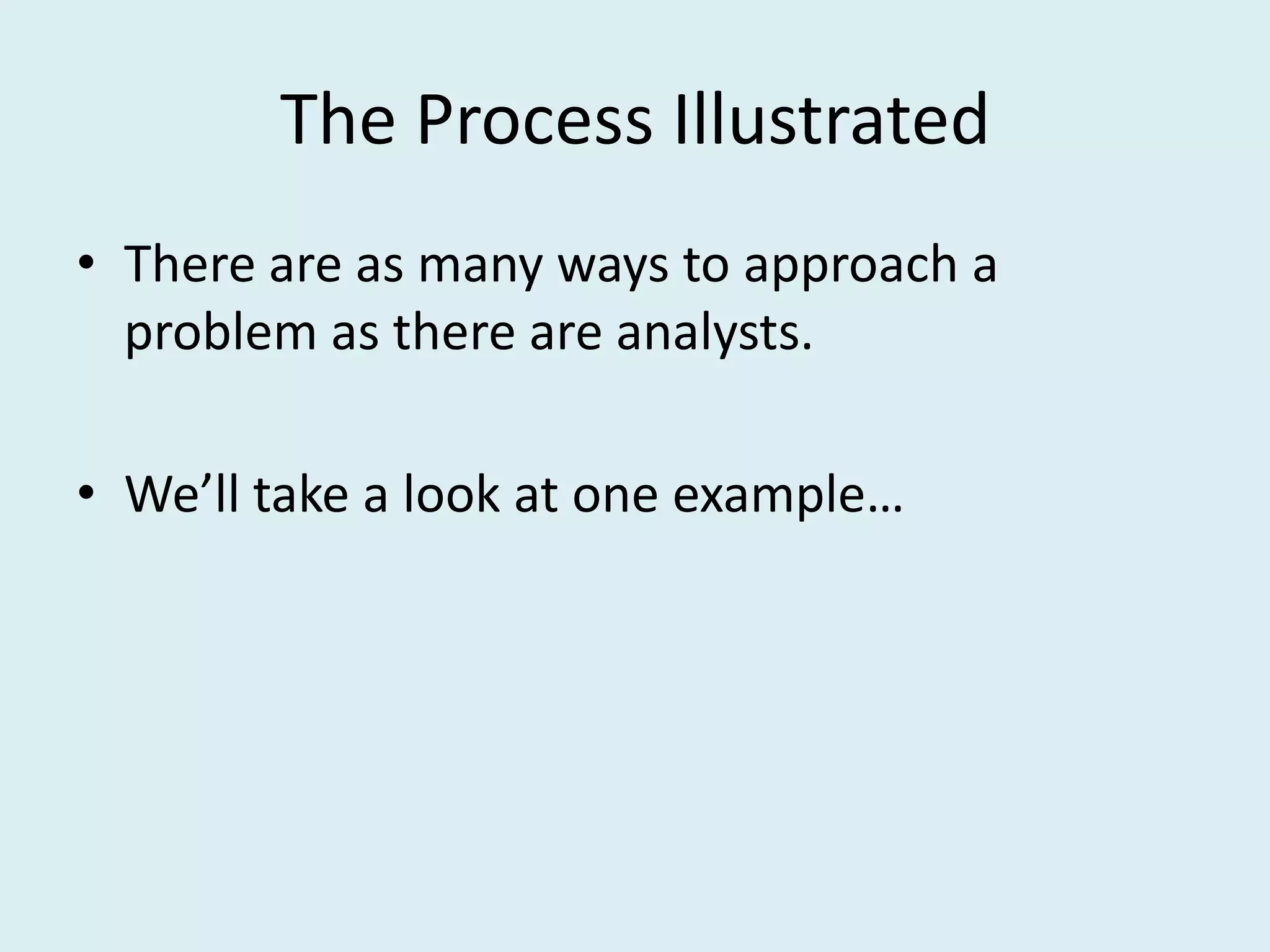 The Process Illustrated
• There are as many ways to approach a
  problem as there are analysts.

• We’ll take a look at one example…
 