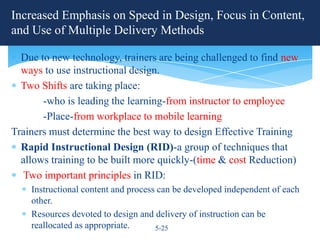 Increased Emphasis on Speed in Design, Focus in Content,
and Use of Multiple Delivery Methods

  Due to new technology, trainers are being challenged to find new
  ways to use instructional design.
  Two Shifts are taking place:
       -who is leading the learning-from instructor to employee
       -Place-from workplace to mobile learning
Trainers must determine the best way to design Effective Training
  Rapid Instructional Design (RID)-a group of techniques that
  allows training to be built more quickly-(time & cost Reduction)
   Two important principles in RID:
    Instructional content and process can be developed independent of each
    other.
    Resources devoted to design and delivery of instruction can be
    reallocated as appropriate.      5-25
 