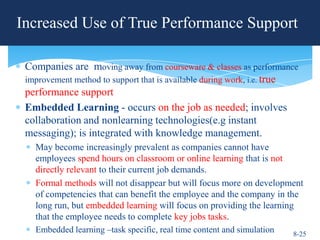 Increased Use of True Performance Support

 Companies are moving away from courseware & classes as performance
 improvement method to support that is available during work, i.e. true
 performance support
 Embedded Learning - occurs on the job as needed; involves
 collaboration and nonlearning technologies(e.g instant
 messaging); is integrated with knowledge management.
   May become increasingly prevalent as companies cannot have
   employees spend hours on classroom or online learning that is not
   directly relevant to their current job demands.
   Formal methods will not disappear but will focus more on development
   of competencies that can benefit the employee and the company in the
   long run, but embedded learning will focus on providing the learning
   that the employee needs to complete key jobs tasks.
   Embedded learning –task specific, real time content and simulation  8-25
 