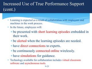 Increased Use of True Performance Support
(cont.)

   Learning is expected as a result of collaboration with employees and
   machines in the work process.
   In the future, employees will:
     be presented with short learning episodes embedded in
     their work.
     be alerted when the learning episodes are needed.
     have direct connections to experts.
     be continuously connected online wirelessly.
     have simulations for guidance.
   Technology available for collaboration includes virtual classroom
   software and asynchronous tools.
                                   9-25
 
