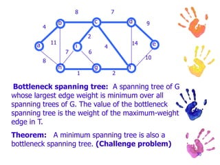 23Prim's algorithm(basic part)MST_PRIM(G,w,r)A={}S:={r} (r is an arbitrary node in V)3.   Q=V-{r}; 4.   while Q is not empty do {5       take an edge (u, v) such that (1) u S and v  Q (v S ) and            (u, v) is the  shortest edge  satisfying (1)6       add (u, v) to A,  add v to S and delete v from Q       }