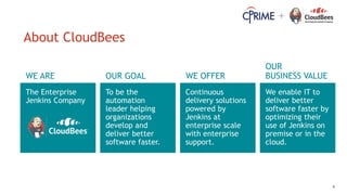 4
+
About CloudBees
WE ARE
The Enterprise
Jenkins Company
OUR GOAL
To be the
automation
leader helping
organizations
devel...