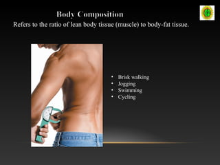 Refers to the ratio of lean body tissue (muscle) to body-fat tissue.
• Brisk walking
• Jogging
• Swimming
• Cycling
 