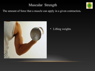 The amount of force that a muscle can apply in a given contraction.
• Lifting weights
Muscular Strength
 