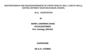 BIOSTRATIGRAPHY AND PALEOENVIRONMENT OF STRATA FROM XY-WELL 1 AND XY-WELL2,
CENTRAL DEPOBELT NIGER DELTA BASIN, NIGERIA.
M.Sc. DISSERTATION
AKPATI, CHIDINMA CHUKS
PG/19/20/258925
B.Sc. Geology, (DELSU)
SUPERVISOR
DR A.A.I. ETOBRO.
BY
 