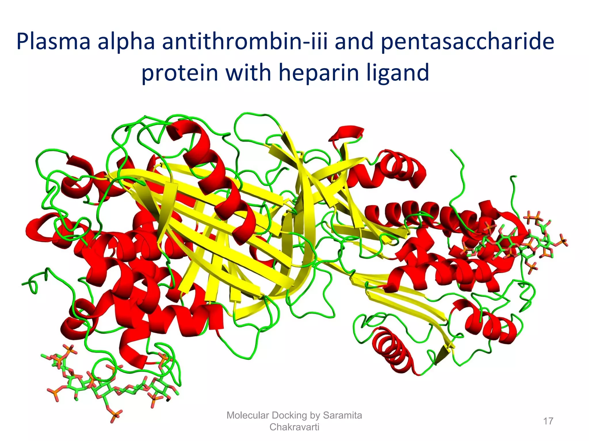Plasma alpha antithrombin-iii and pentasaccharide
protein with heparin ligand
17
Molecular Docking by Saramita
Chakravarti
 