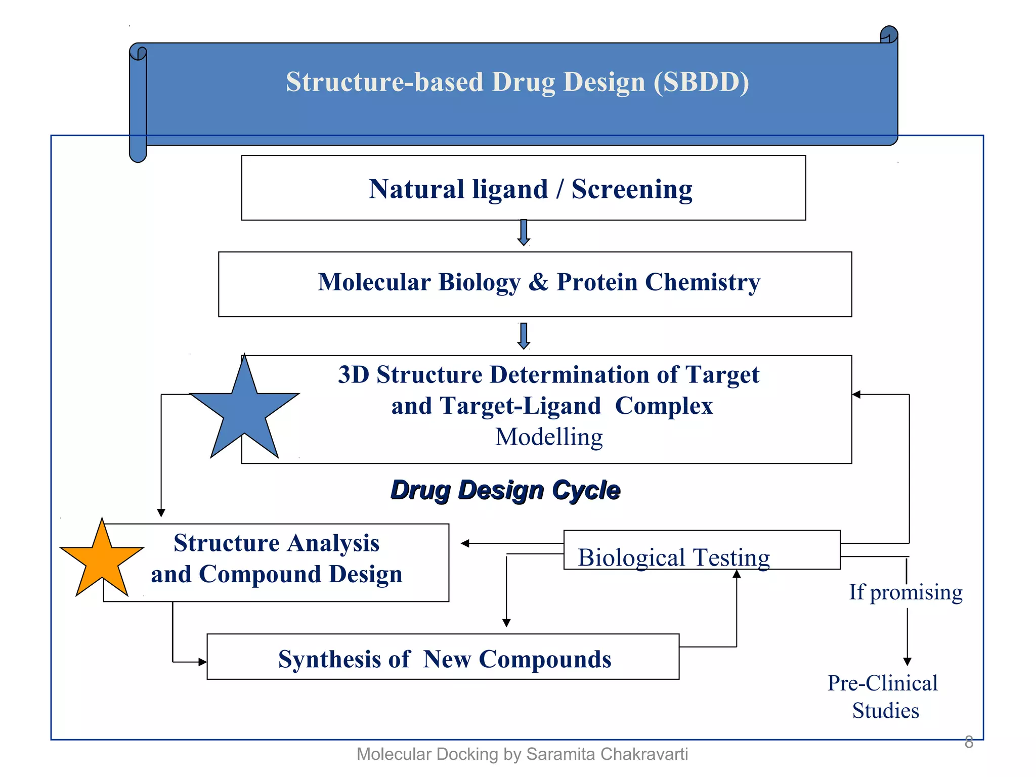 Structure-based Drug Design (SBDD)
Molecular Biology & Protein Chemistry
3D Structure Determination of Target
and Target-Ligand Complex
Modelling
Structure Analysis
and Compound Design
Biological Testing
Synthesis of New Compounds
If promising
Pre-Clinical
Studies
Drug Design CycleDrug Design Cycle
Natural ligand / Screening
8
Molecular Docking by Saramita Chakravarti
 