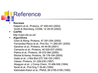 Reference
 Reviews
Halperin et al.; Proteins, 47 409-443 (2002)
Smith & Sternberg; COSB, 12 28-35 (2002)
 CAPRI
http://capri.ebi.ac.uk/
 Algorithms
Chen & Weng; Proteins, 47 281-294 (2002)
Fernandez-Recio et al.; Prot Sci, 11 280-291 (2002)
Gardiner et al.; Proteins, 44 44-56 (2001)
Camacho et al.; Proteins, 40 525-537 (2000)
Palma et al.; Proteins, 39 372-384 (2000)
Ritchie & Kemp; Proteins, 39 178-194 (2000)
Gabb et al.; J Mol Biol 272 106-120 (1997)
Vakser; Proteins, S1 226-230 (1997)
Abagyan et al.; J Comp Chem, 15 488-506 (1994)
Norel et al.; Prot Eng 7 39-46 (1994)
Katchalski-Katzir et al.; PNAS, 89 2195-2199 (1992)
 