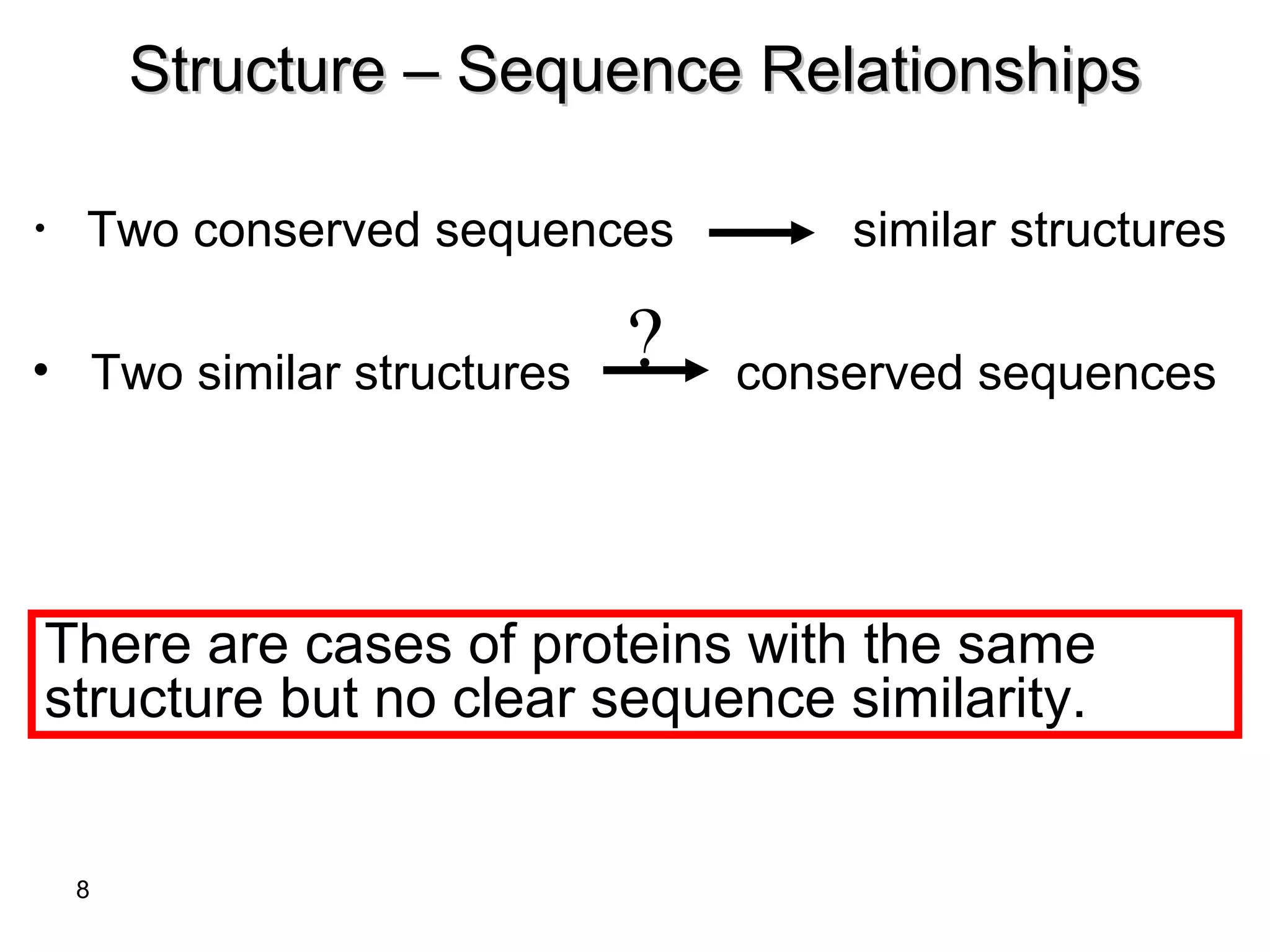 8
• Two conserved sequences similar structures
• Two similar structures conserved sequences?
Structure – Sequence RelationshipsStructure – Sequence Relationships
There are cases of proteins with the same
structure but no clear sequence similarity.
 