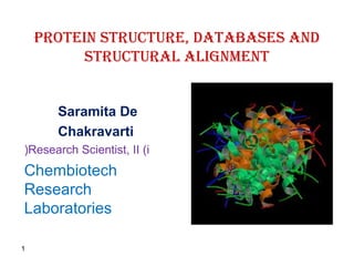 Protein Structure, DatabaSeS anD
Structural alignment
Saramita De
Chakravarti
Research Scientist, II (i(
Chembiotech
Research
Laboratories
1
 