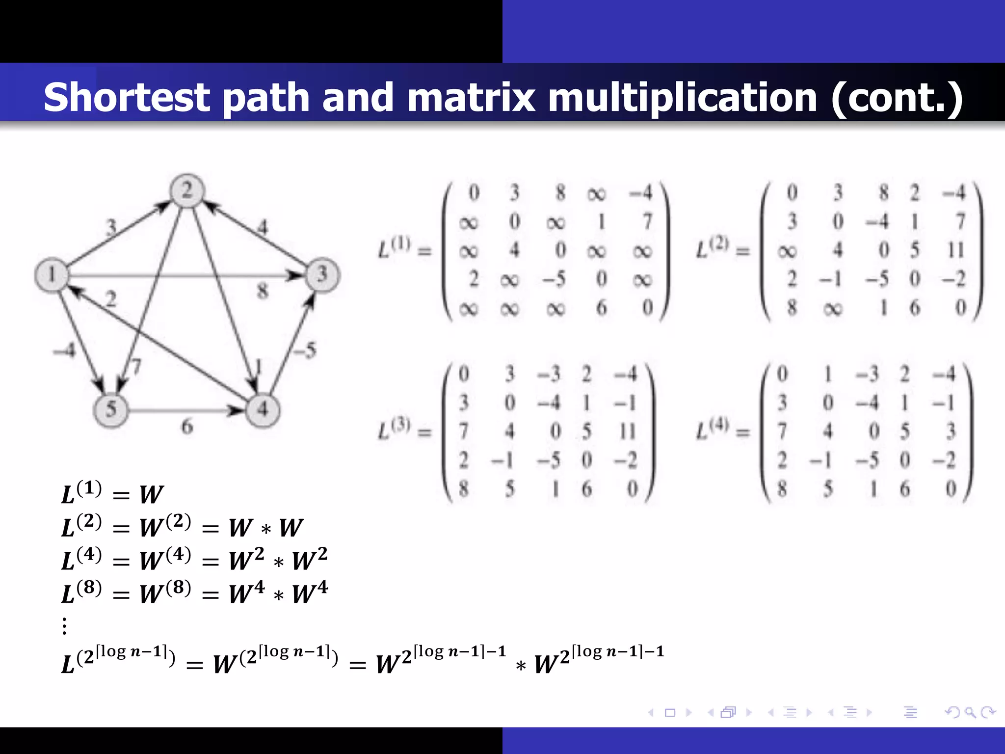 Shortest path and matrix multiplication (cont.)




() = 
() = () =  ∗ 
() = () =  ∗ 
() = () =  ∗ 
⋮
      log − )         log − )        log − −        log − −
(             = (             =                ∗ 
 