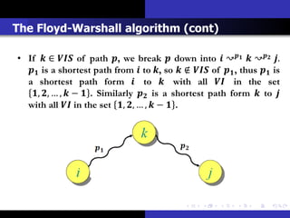 The Floyd-Warshall algorithm (cont)

• If  ∈  of path , we break  down into  ↝  ↝ .
   is a shortest path from  to , so  ∉  of  , thus  is
  a shortest path form  to  with all  in the set
   , , … ,  −  . Similarly  is a shortest path form  to 
  with all  in the set , , … ,  −  .
 