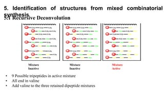5. Identification of structures from mixed combinatorial
synthesis
Gly
Ala
Val
Gly
Gly
Gly
Gly
Ala
Val
Ala
Ala
Ala
Gly
Ala
Val
Val
Val
Val
Gly
Ala
Val
Gly
Gly
Gly
Gly
Ala
Val
Ala
Ala
Ala
Gly
Ala
Val
Val
Val
Val
Gly
Ala
Val
Gly
Gly
Gly
Gly
Ala
Val
Ala
Ala
Ala
Gly
Ala
Val
Val
Val
Val
Gly
Gly
Gly
Gly
Gly
Gly
Gly
Gly
Gly
Ala
Ala
Ala
Ala
Ala
Ala
Ala
Ala
Ala
Val
Val
Val
Val
Val
Val
Val
Val
Val
Mixture
Inactive
Mixture
Inactive
Mixture
Active
• 9 Possible tripeptides in active mixture
• All end in valine
• Add valine to the three retained dipeptide mixtures
5.1 Recursive Deconvolution
 