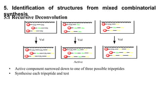Gly
Ala
Val
Gly
Ala
Val
Gly
Ala
Val
Gly
Gly
Gly
Ala
Ala
Ala
Val
Val
Val
Val Val Val
Gly
Ala
Val
Gly
Ala
Val
Gly
Ala
Val
Gly
Gly
Gly
Ala
Ala
Ala
Val
Val
Val
Val
Val
Val
Val
Val
Val
Val
Val
Val
Active
• Active component narrowed down to one of three possible tripeptides
• Synthesise each tripeptide and test
5. Identification of structures from mixed combinatorial
synthesis
5.1 Recursive Deconvolution
 