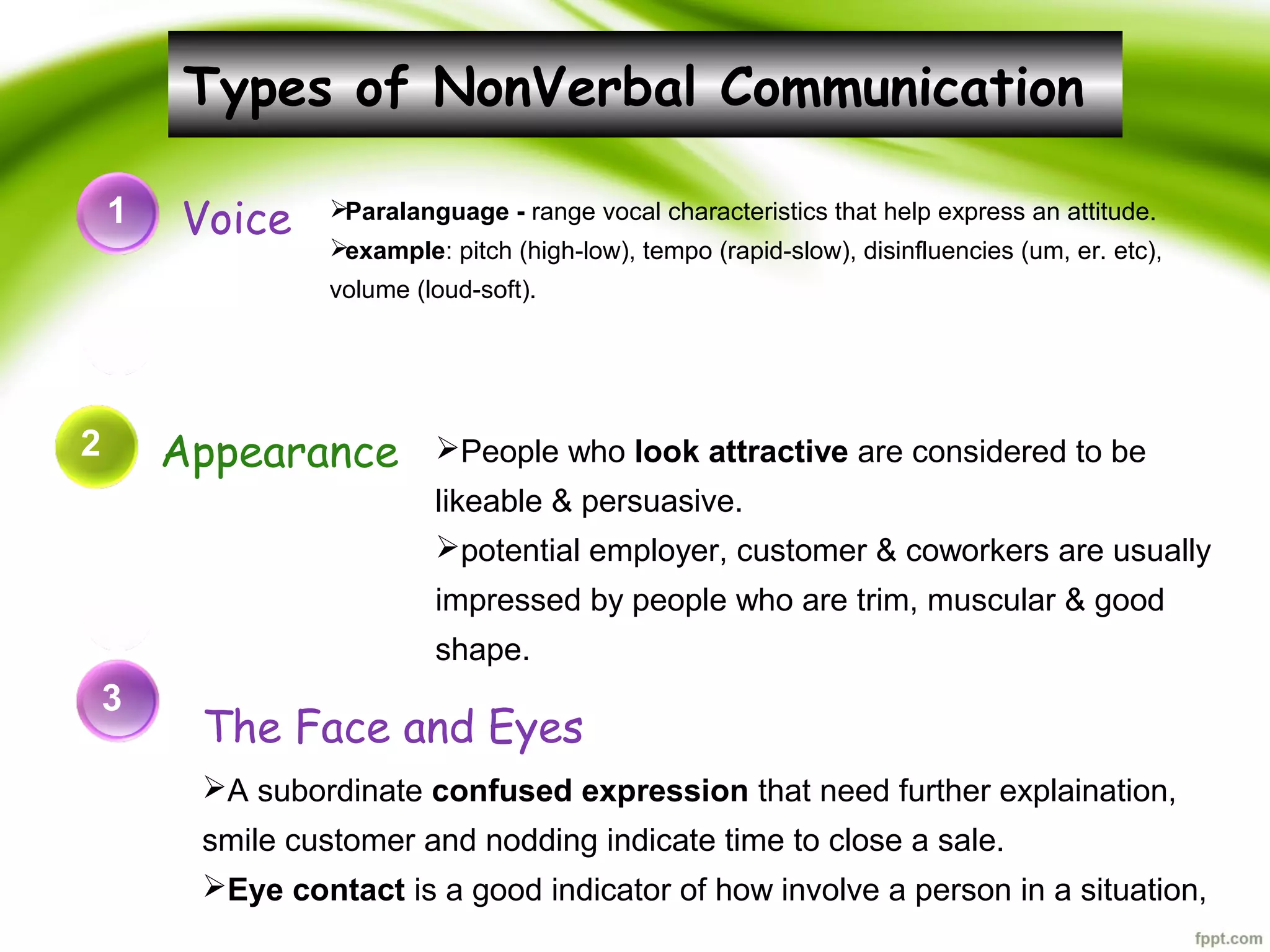 1 Voice Paralanguage - range vocal characteristics that help express an attitude.
example: pitch (high-low), tempo (rapid-slow), disinfluencies (um, er. etc),
volume (loud-soft).
2 Appearance People who look attractive are considered to be
likeable & persuasive.
potential employer, customer & coworkers are usually
impressed by people who are trim, muscular & good
shape.
3
The Face and Eyes
A subordinate confused expression that need further explaination,
smile customer and nodding indicate time to close a sale.
Eye contact is a good indicator of how involve a person in a situation,
4
Types of NonVerbal Communication
5
 