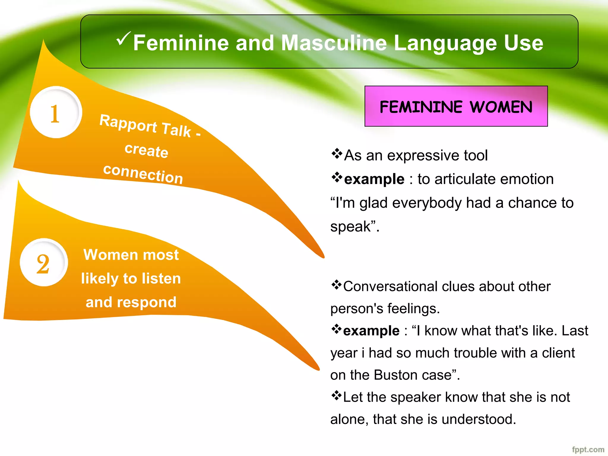 1
2
Rapport Talk -
create
connection
Women most
likely to listen
and respond
Feminine and Masculine Language Use
As an expressive tool
example : to articulate emotion
“I'm glad everybody had a chance to
speak”.
Conversational clues about other
person's feelings.
example : “I know what that's like. Last
year i had so much trouble with a client
on the Buston case”.
Let the speaker know that she is not
alone, that she is understood.
FEMININE WOMEN
 