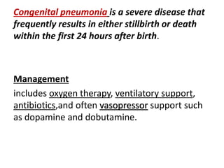 Congenital pneumonia is a severe disease that
frequently results in either stillbirth or death
within the first 24 hours after birth.
Management
includes oxygen therapy, ventilatory support,
antibiotics,and often vasopressor support such
as dopamine and dobutamine.
 