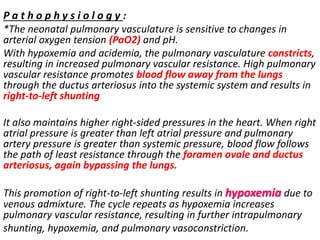 P a t h o p h y s i o l o g y :
*The neonatal pulmonary vasculature is sensitive to changes in
arterial oxygen tension (PaO2) and pH.
With hypoxemia and acidemia, the pulmonary vasculature constricts,
resulting in increased pulmonary vascular resistance. High pulmonary
vascular resistance promotes blood flow away from the lungs
through the ductus arteriosus into the systemic system and results in
right-to-left shunting
It also maintains higher right-sided pressures in the heart. When right
atrial pressure is greater than left atrial pressure and pulmonary
artery pressure is greater than systemic pressure, blood flow follows
the path of least resistance through the foramen ovale and ductus
arteriosus, again bypassing the lungs.
This promotion of right-to-left shunting results in hypoxemia due to
venous admixture. The cycle repeats as hypoxemia increases
pulmonary vascular resistance, resulting in further intrapulmonary
shunting, hypoxemia, and pulmonary vasoconstriction.
 