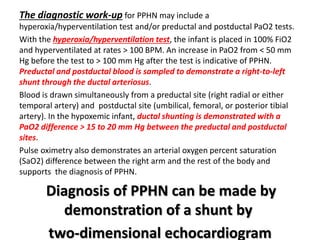 The diagnostic work-up for PPHN may include a
hyperoxia/hyperventilation test and/or preductal and postductal PaO2 tests.
With the hyperoxia/hyperventilation test, the infant is placed in 100% FiO2
and hyperventilated at rates > 100 BPM. An increase in PaO2 from < 50 mm
Hg before the test to > 100 mm Hg after the test is indicative of PPHN.
Preductal and postductal blood is sampled to demonstrate a right-to-left
shunt through the ductal arteriosus.
Blood is drawn simultaneously from a preductal site (right radial or either
temporal artery) and postductal site (umbilical, femoral, or posterior tibial
artery). In the hypoxemic infant, ductal shunting is demonstrated with a
PaO2 difference > 15 to 20 mm Hg between the preductal and postductal
sites.
Pulse oximetry also demonstrates an arterial oxygen percent saturation
(SaO2) difference between the right arm and the rest of the body and
supports the diagnosis of PPHN.
Diagnosis of PPHN can be made by
demonstration of a shunt by
two-dimensional echocardiogram
 
