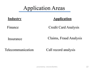Application Areas
 Industry                                   Application

 Finance                             Credit Card Analysis


 Insurance                          Claims, Fraud Analysis


Telecommunication                 Call record analysis



                    presented by:- chanchal &shikha          17
 