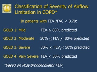 Classification of Severity of Airflow
      Limitation in COPD*
         In patients with FEV1/FVC < 0.70:

GOLD 1: Mild         FEV1> 80% predicted

GOLD 2: Moderate    50% < FEV1< 80% predicted

GOLD 3: Severe       30% < FEV1< 50% predicted

GOLD 4: Very Severe FEV1< 30% predicted

*Based on Post-Bronchodilator FEV1
 