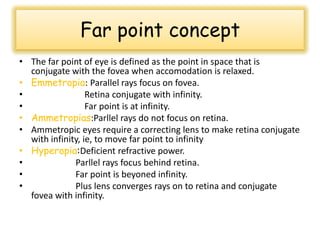 Far point concept
• The far point of eye is defined as the point in space that is
conjugate with the fovea when accomodation is relaxed.
• Emmetropia: Parallel rays focus on fovea.
•
Retina conjugate with infinity.
•
Far point is at infinity.
• Ammetropias:Parllel rays do not focus on retina.
• Ammetropic eyes require a correcting lens to make retina conjugate
with infinity, ie, to move far point to infinity
• Hyperopia:Deficient refractive power.
•
Parllel rays focus behind retina.
•
Far point is beyoned infinity.
•
Plus lens converges rays on to retina and conjugate
fovea with infinity.

 