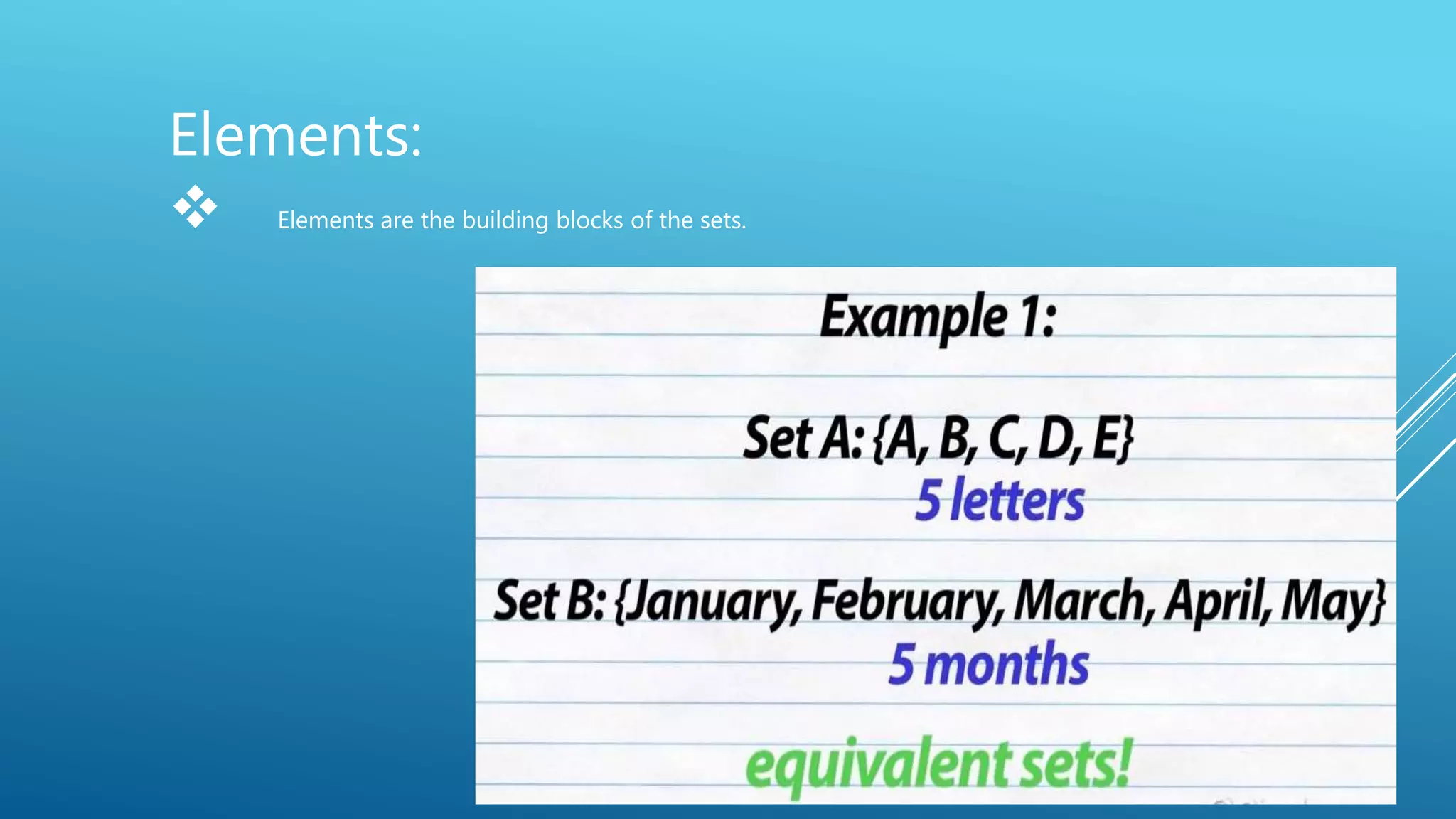 Elements:
 Elements are the building blocks of the sets.
 