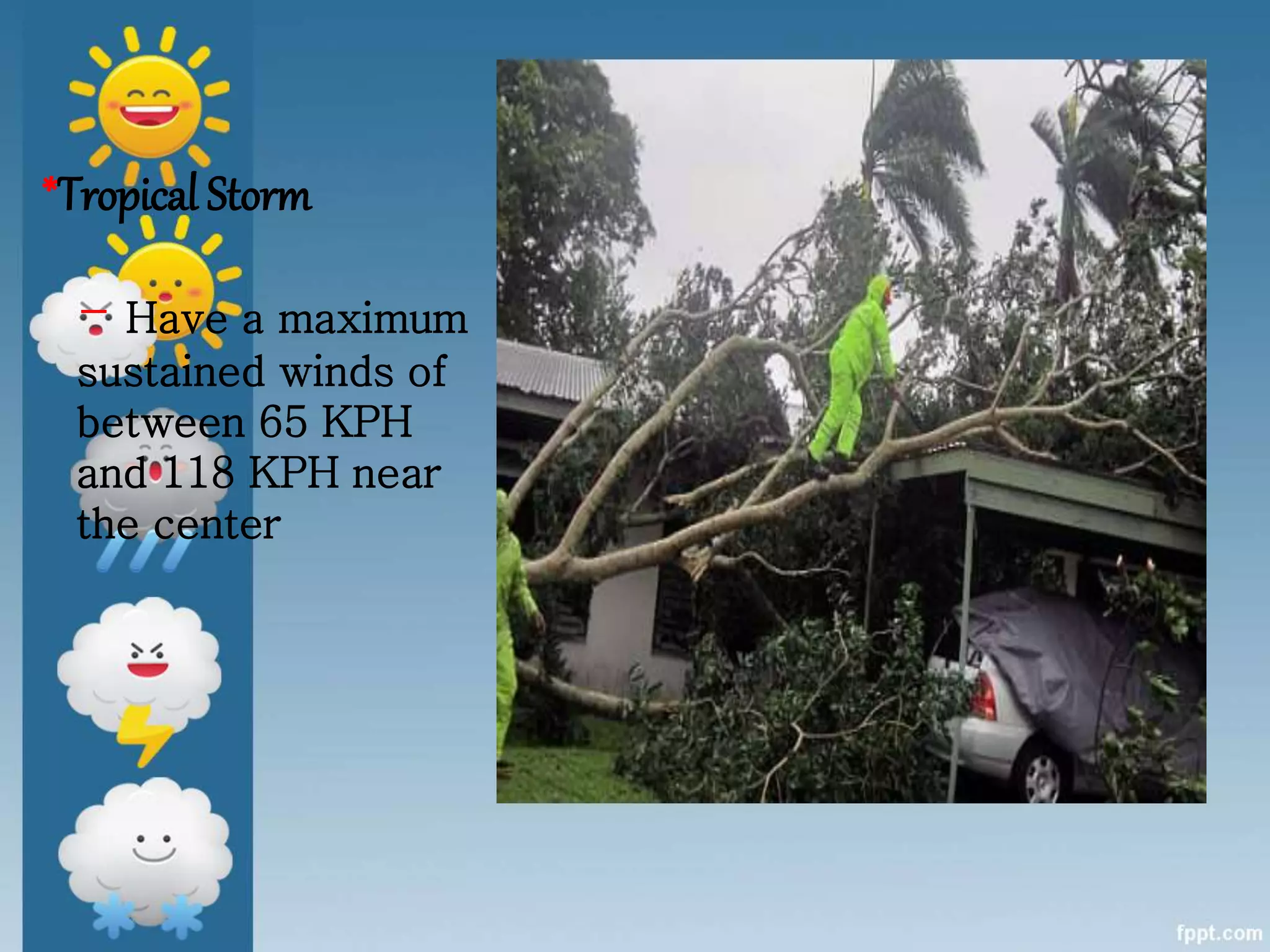 *Tropical Storm
- Have a maximum
sustained winds of
between 65 KPH
and 118 KPH near
the center
 