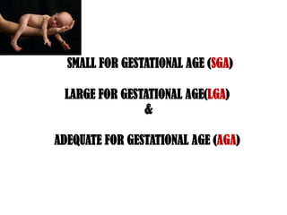 SMALL FOR GESTATIONAL AGE (SGA)
LARGE FOR GESTATIONAL AGE(LGA)
&
ADEQUATE FOR GESTATIONAL AGE (AGA)

 
