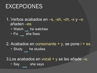 EXCEPCIONES 1. Verbos acabados en  –s, -sh, -ch, -x  y  –o  añaden  –es Watch    he watches Fix  she fixes 2. Acabados en  consonante + y , se pone  i + es Study  he studies 3.Los acabados en  vocal + y  se les añade  –s . Say    she says 
