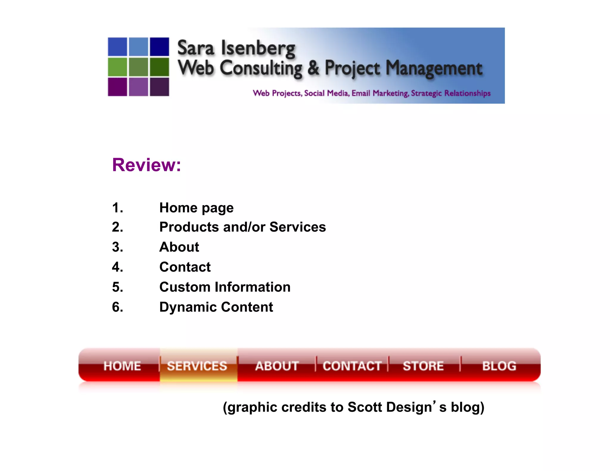 Review:
1.  Home page
2.  Products and/or Services
3.  About
4.  Contact
5.  Custom Information
6.  Dynamic Content
(graphic credits to Scott Design’s blog)
	

 