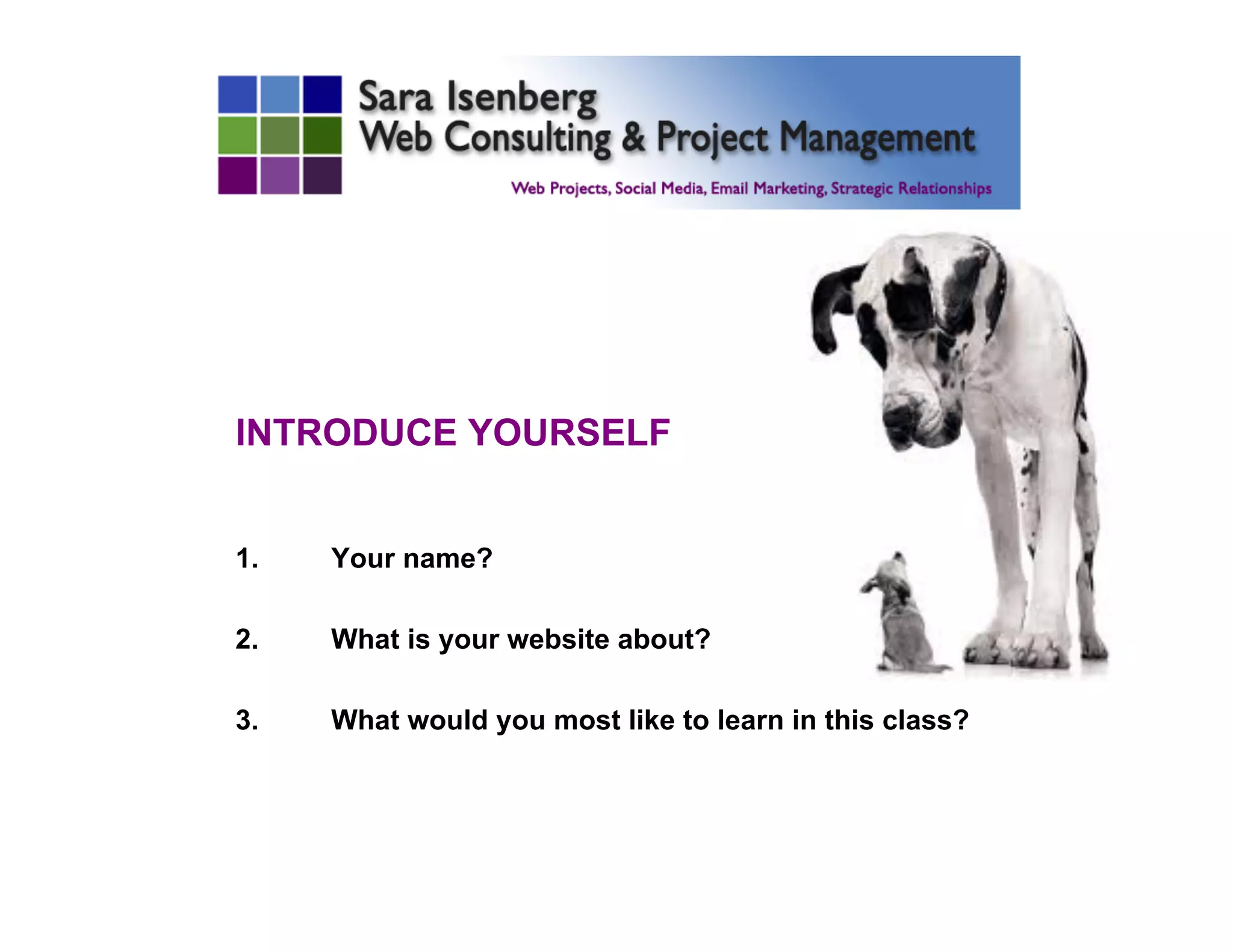 INTRODUCE YOURSELF
1.  Your name?
2.  What is your website about?
3.  What would you most like to learn in this class?
	

 