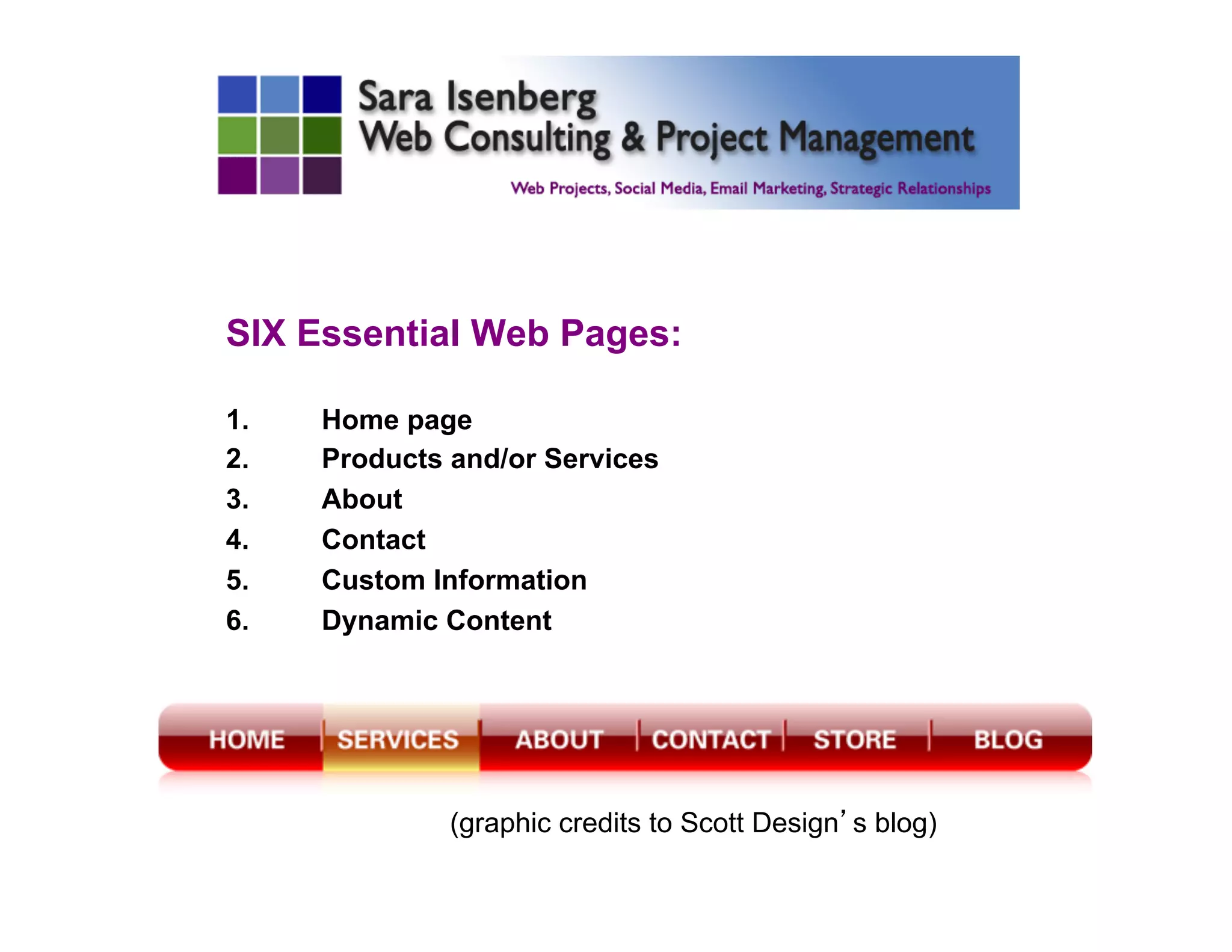 SIX Essential Web Pages:
1.  Home page
2.  Products and/or Services
3.  About
4.  Contact
5.  Custom Information
6.  Dynamic Content
(graphic credits to Scott Design’s blog)
	

 