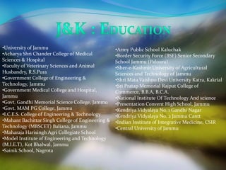 •University of Jammu 
•Acharya Shri Chander College of Medical 
Sciences & Hospital 
•Faculty of Veterinary Sciences and Animal 
Husbandry, R.S.Pura 
•Government College of Engineering & 
Technology, Jammu 
•Government Medical College and Hospital, 
Jammu 
•Govt. Gandhi Memorial Science College, Jammu 
•Govt. MAM PG College, Jammu 
•I.C.E.S. College of Engineering & Technology 
•Mahant Bachittar Singh College of Engineering & 
Technology (MBSCET) Baliana, Jammu 
•Maharaja Harisingh Agri Collegiate School 
•Model Institute of Engineering and Technology 
(M.I.E.T), Kot Bhalwal, Jammu 
•Sainik School, Nagrota 
•Army Public School Kaluchak 
•Border Security Force (BSF) Senior Secondary 
School Jammu (Paloura) 
•Sher-e-Kashmir University of Agricultural 
Sciences and Technology of Jammu 
•Shri Mata Vaishno Devi University Katra, Kakrial 
•Sri Pratap Memorial Rajput College of 
Commerce, B.B.A, B.C.A. 
•National Institute Of Technology And science 
•Presentation Convent High School, Jammu 
•Kendriya Vidyalaya No. 1 Gandhi Nagar 
•Kendriya Vidyalaya No. 2 Jammu Cantt 
•Indian Institute of Integrative Medicine, CSIR 
•Central University of Jammu 
 