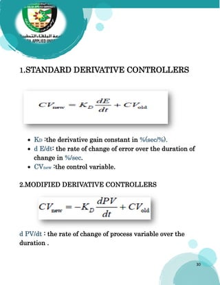 30
1.STANDARD DERIVATIVE CONTROLLERS
 KD :the derivative gain constant in %(sec/%).
 d E/dt: the rate of change of error over the duration of
change in %/sec.
 CVnew :the control variable.
2.MODIFIED DERIVATIVE CONTROLLERS
d PV/dt : the rate of change of process variable over the
duration .
 