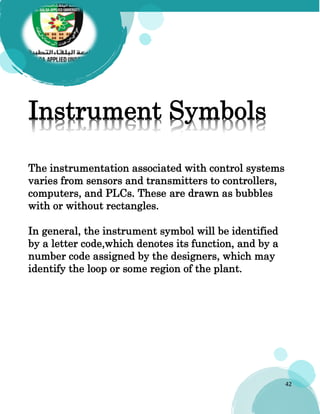 42
Instrument Symbols
The instrumentation associated with control systems
varies from sensors and transmitters to controllers,
computers, and PLCs. These are drawn as bubbles
with or without rectangles.
In general, the instrument symbol will be identified
by a letter code,which denotes its function, and by a
number code assigned by the designers, which may
identify the loop or some region of the plant.
 