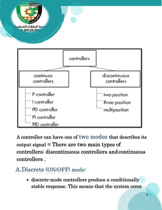 9
A controller can have one of two modes that describes its
output signal = There are two main types of
controllers: discontinuous controllers andcontinuous
controllers .
A.Discrete (ON/OFF) mode:
 discrete-mode controllers produce a conditionally
stable response. This means that the system error
 