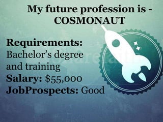 My future profession is COSMONAUT
Requirements:
Bachelor’s degree
and training
Salary: $55,000
JobProspects: Good

 