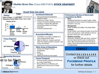 Shubho Broto Das  (Ticker-SBD 87465 )-  Stock Snapshot 1   Other Areas of Operations  History Investment Rationale Focus Segment ,[object Object],[object Object],[object Object],[object Object],[object Object],Future Prospects ,[object Object],[object Object],[object Object],[object Object],Acquisitions/Mergers ,[object Object],[object Object],Gym Work Food 8 Sleep 21 Self Reflection Traveling 8 ,[object Object],[object Object],[object Object],[object Object],[object Object],Source : Experience History So far Mc Kinsey & Co. 0.7 Hindu College Bal Bharati Public School No. of Years Ownership Structure Space Void (yet to be filled) 25 Colleagues 15 Friends Parents In% Sneak Peek into stock Performance Review of Stock post-acquisition by   McKc ,[object Object],[object Object],[object Object],[object Object],[object Object],[object Object],[object Object],[object Object],[object Object],Verdict Contact  9818944389   or check out  Facebook  Profile   for further details 