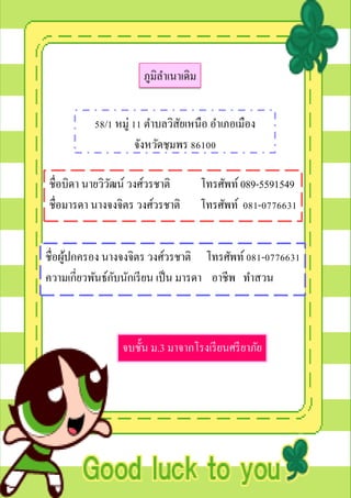 ภูมิลาเนาเดิม


          58/1 หมู่ 11 ตาบลวิสยเหนือ อาเภอเมือง
                                ั
                     จังหวัดชุมพร 86100

ชื่อบิดา นายวิวฒน์ วงศ์วรชาติ
               ั                     โทรศัพท์ 089-5591549
ชื่อมารดา นางจงจิตร วงศ์วรชาติ       โทรศัพท์ 081-0776631


ชื่อผูปกครอง นางจงจิตร วงศ์วรชาติ โทรศัพท์ 081-0776631
      ้
ความเกี่ยวพันธ์กบนักเรี ยน เป็ น มารดา อาชีพ ทาสวน
                ั



                จบชั้น ม.3 มาจากโรงเรี ยนศรี ยาภัย
 