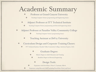 Academic Summary
Professor at Grand Canyon University
Teaching Computer Science programming and Engineering classes
Adjunct Professor at ITT Technical Institute
Teaching Computer Science programming and Electrial Engineering classes
Adjunct Professor at Paradise Valley Community College
Teaching Computer Science programming classes
Teaching Assistant at DeVry University
Curriculum Design and Corporate Training Classes:
ITT Technical Institute, Paradise Valley Community College, American Express, AAA
Graduate Degree:
Masters Degree in Adult Education and Training
Bachelors Degree in Electrical Engineering
Design Tools:
Experience with PowerPoint, iTunes U, Camtasia, iMovie
Experience using Microsoft Office including PowerPoint, Word, and Excel5
 