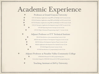 Academic Experience
Professor at Grand Canyon University
CST-126 Database Application using PHP and MySQL level I Lecture & Lab.
CST-225 Database Application using PHP and MySQL level II Lecture & Lab.
CST-256 Database Application using PHP and MySQL level III Lecture & Lab.
CST-247 Enterprise Application Development using C#/.NET Lecture & Lab.
CST-220 Operating System Concepts Lecture & Lab.
CST-210 Object Orientated Programming using C++ Lecture & Lab.
Adjunct Professor at ITT Technical Institute
SD1420 Introduction to Java programming Lecture & Lab.
SD2720 Advanced Software Development Using Java Lecture & Lab.
SD2799 Software Development Capstone Project Lecture & Lab.
SD2650 Application Development II In Android Lecture & Lab.
ET12220 Digital Electronics Lecture & Lab.
ET2560 Introduction to C programming Lecture & Lab.
Adjunct Professor at Paradise Valley Community College
CIS262AD Advanced C#/.NET programming class.
Curriculum design for CIS262AD Advanced C#/.NET programming class.
Teaching Assistant at DeVry University
6
 