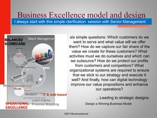 Business Excellence model and design
I always start with this simple clarification session with Senior Management


                                six simple questions: Which customers do we
                                   want to serve and what value will we offer
                               them? How do we capture our fair share of the
                                  value we create for these customers? What
                               activities must we do ourselves and which can
                                we outsource? How do we protect our profits
                                     from customers and competitors? What
                                organizational systems are required to ensure
                                   that we stick to our strategy and execute it
                                  well? And finally, how can digital technology
                                 improve our value propositions and enhance
                                                 our operations?

                                                   …Leading to strategic designs.
                                            Design a Winning Business Model


                            ©2011Business2excel
 