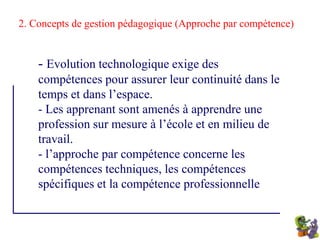 2. l’analyse de l’existantAbsence de motivation  Absence de communication en dehors de classe Absence de l’enchainement des cours  Etudier module par module  Préparation de son cour à l’avance Les objectifs doivent être fixé à l’avance pas le concepteur L’évaluation actuelle ne répond pas à l’approche adoptée 