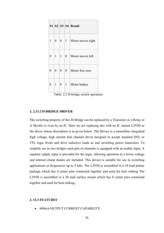 31 
S1 S2 S3 S4 Result 
1 0 0 1 Motor moves right 
0 1 1 0 Motor moves left 
0 0 0 0 Motor free runs 
0 1 0 1 Motor brakes 
Table: 2.2 H-bridge switch operation 
2. 2.13.2 H-BRIDGE DRIVER 
The switching property of this H-Bridge can be replaced by a Transistor or a Relay or 
A Mosfet or even by an IC. Here we are replacing this with an IC named L293D as 
the driver whose description is as given below. The Device is a monolithic integrated 
high voltage, high current four channel driver designed to accept standard DTL or 
TTL logic levels and drive inductive loads as and switching power transistors. To 
simplify use as two bridges each pair of channels is equipped with an enable input. A 
separate supply input is provided for the logic, allowing operation at a lower voltage 
and internal clamp diodes are included. This device is suitable for use in switching 
applications at frequencies up to 5 kHz. The L293D is assembled in a 16 lead plastic 
package which has 4 center pins connected together and used for heat sinking The 
L293D is assembled in a 20 lead surface mount which has 8 center pins connected 
together and used for heat sinking. 
2. 13.3 FEATURES 
 600mA OUTPUT CURRENT CAPABILITY 
 