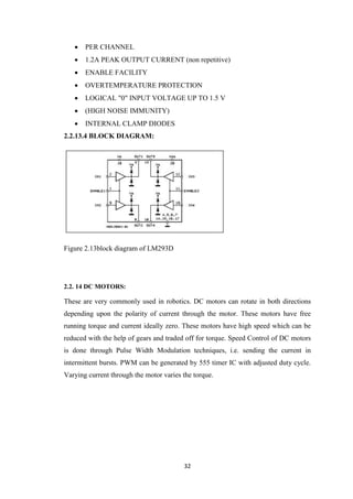  PER CHANNEL 
 1.2A PEAK OUTPUT CURRENT (non repetitive) 
 ENABLE FACILITY 
 OVERTEMPERATURE PROTECTION 
 LOGICAL "0" INPUT VOLTAGE UP TO 1.5 V 
 (HIGH NOISE IMMUNITY) 
 INTERNAL CLAMP DIODES 
32 
2.2.13.4 BLOCK DIAGRAM: 
Figure 2.13block diagram of LM293D 
2.2. 14 DC MOTORS: 
These are very commonly used in robotics. DC motors can rotate in both directions 
depending upon the polarity of current through the motor. These motors have free 
running torque and current ideally zero. These motors have high speed which can be 
reduced with the help of gears and traded off for torque. Speed Control of DC motors 
is done through Pulse Width Modulation techniques, i.e. sending the current in 
intermittent bursts. PWM can be generated by 555 timer IC with adjusted duty cycle. 
Varying current through the motor varies the torque. 
 